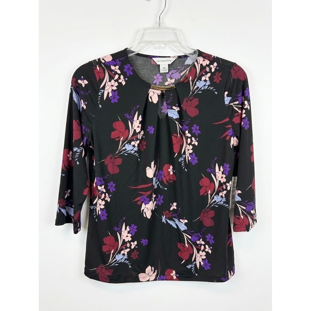 Liz Claiborne PM Black Floral Keyhole Top 3/4 Sleeve Dark Romantic Petite NWT